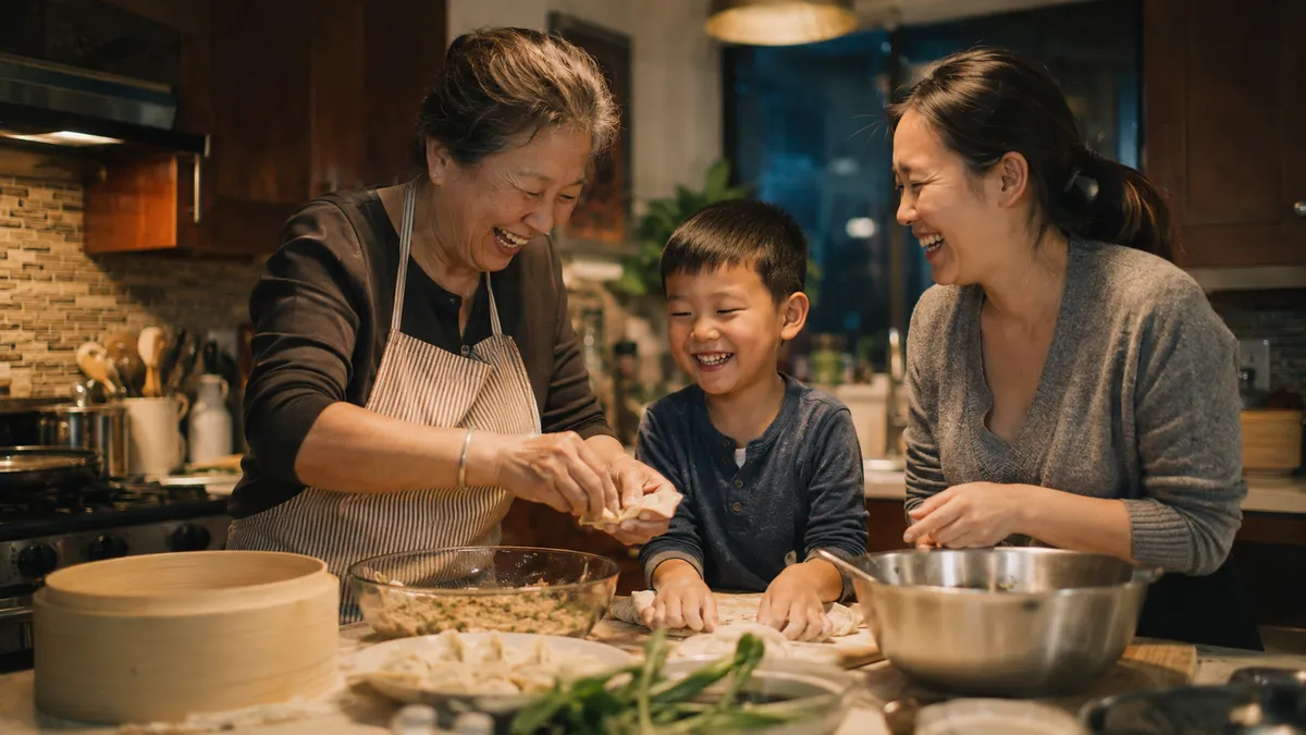 Three generations of a family cooking together in a warm kitchen