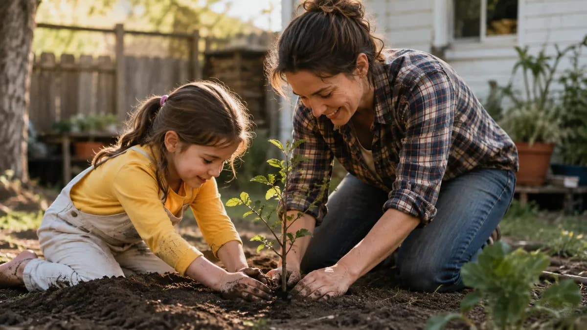 A mother and daughter planting a young tree together in their garden