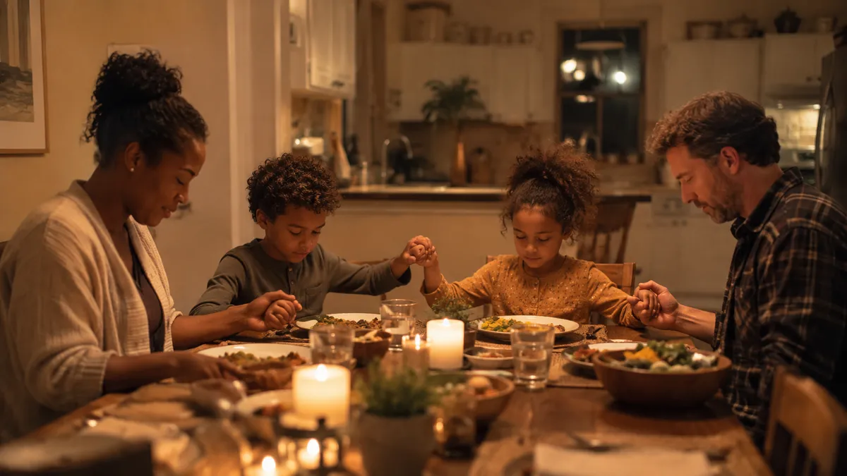 A family holding hands in prayer over dinner together