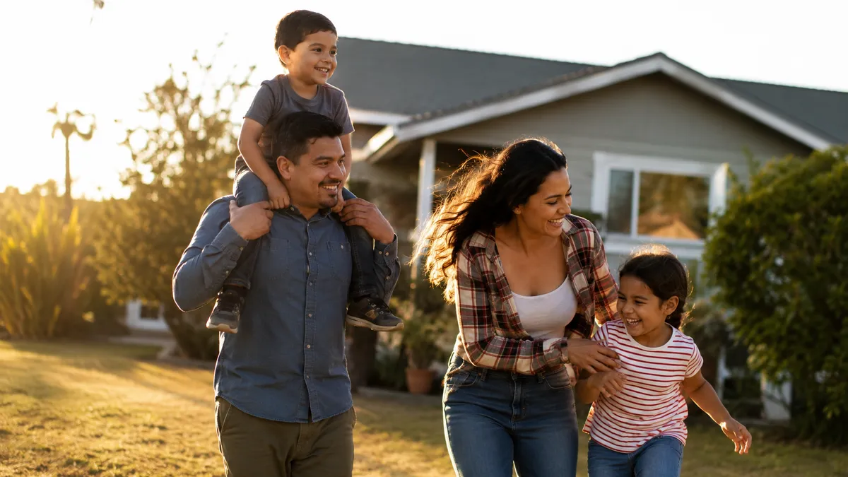 Parents playing with their two laughing kids in the front yard at golden hour
