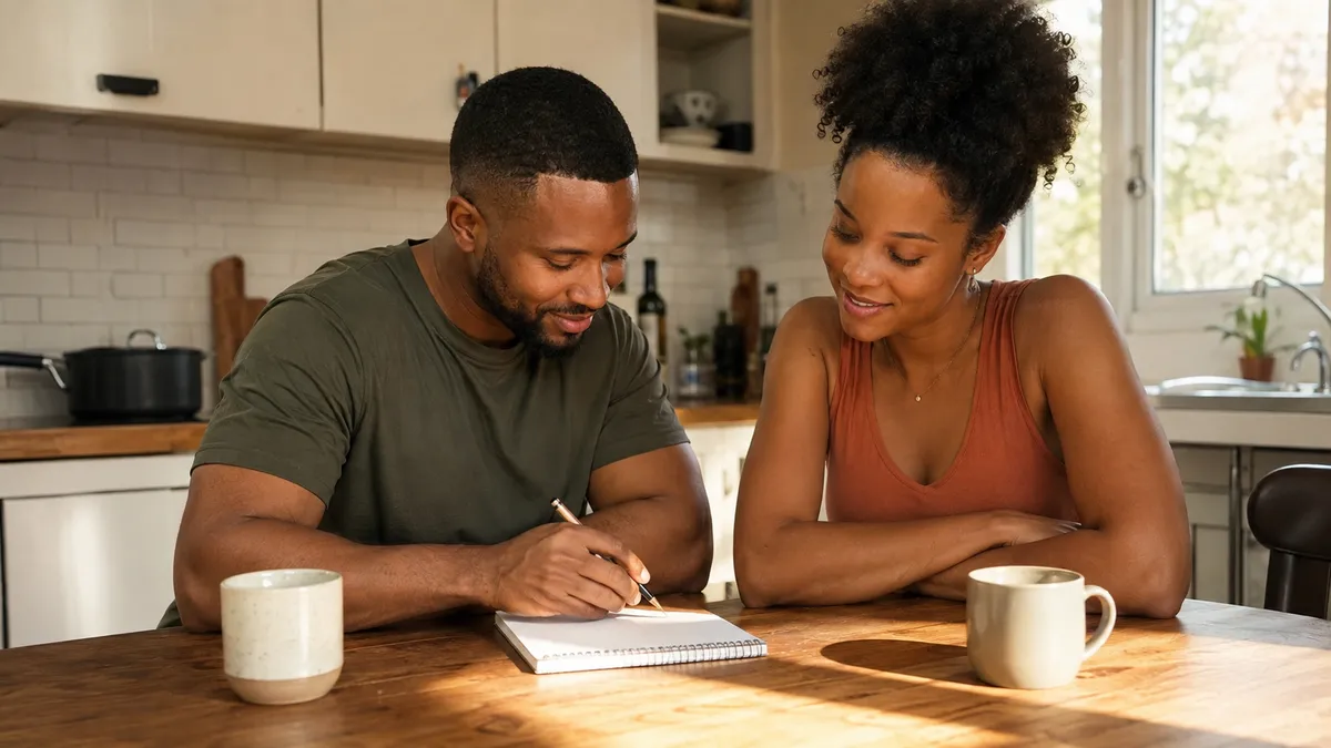 A couple at their kitchen table confidently working through a budget together